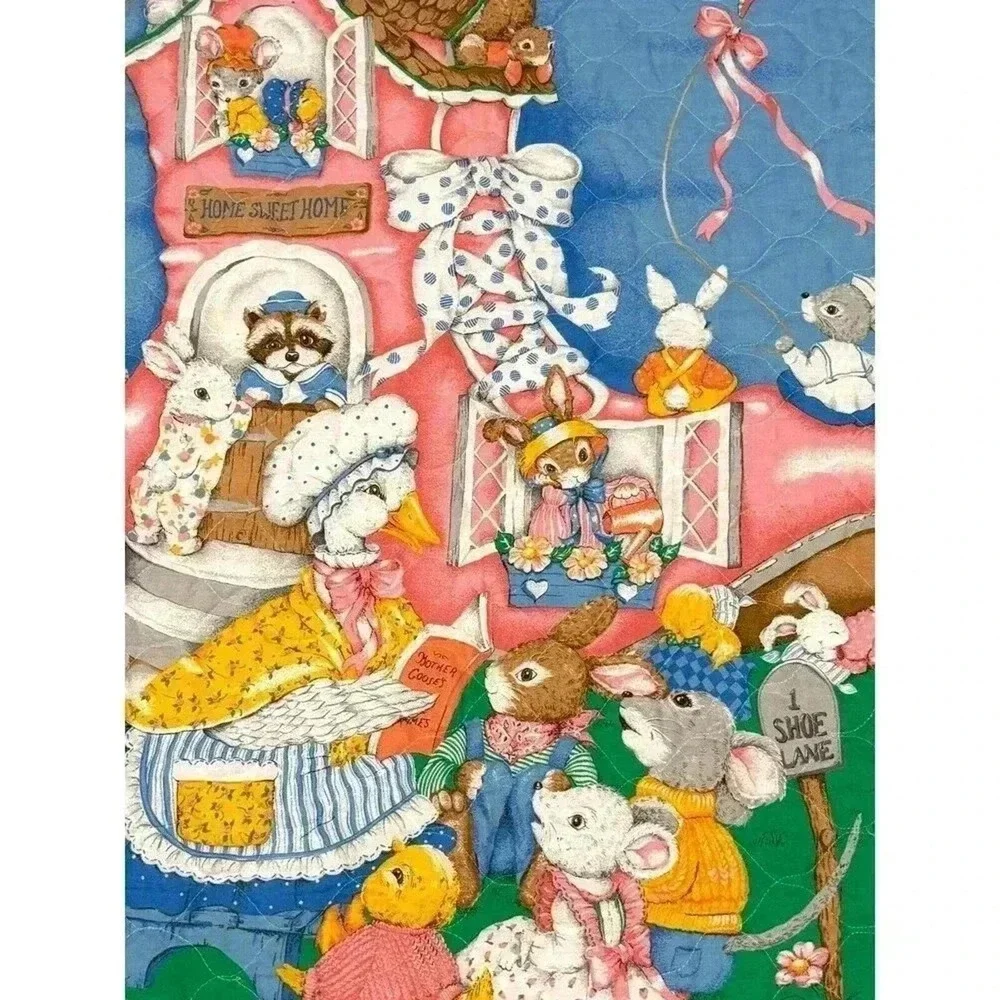 Vintage Mother Goose Nursery‎ Rhyme Baby Blanket Green OS Excellent Quilted - Picture 6 of 11